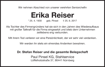Traueranzeige von Erika Reiser von Gesamtausgabe Nürnberger Nachrichten/ Nürnberger Ztg.