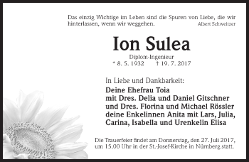 Traueranzeige von Ion Sulea von Gesamtausgabe Nürnberger Nachrichten/ Nürnberger Ztg.