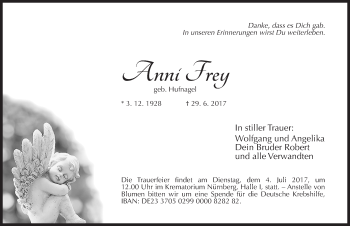 Traueranzeige von Anni Frey von Gesamtausgabe Nürnberger Nachrichten/ Nürnberger Ztg.