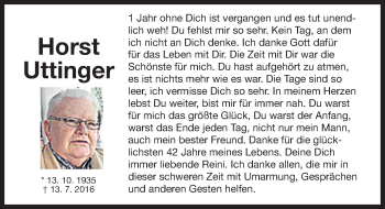 Traueranzeige von Horst Uttinger von Gesamtausgabe Nürnberger Nachrichten/ Nürnberger Ztg.