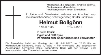 Traueranzeige von Helmut Bollgönn von Gesamtausgabe Nürnberger Nachrichten/ Nürnberger Ztg.
