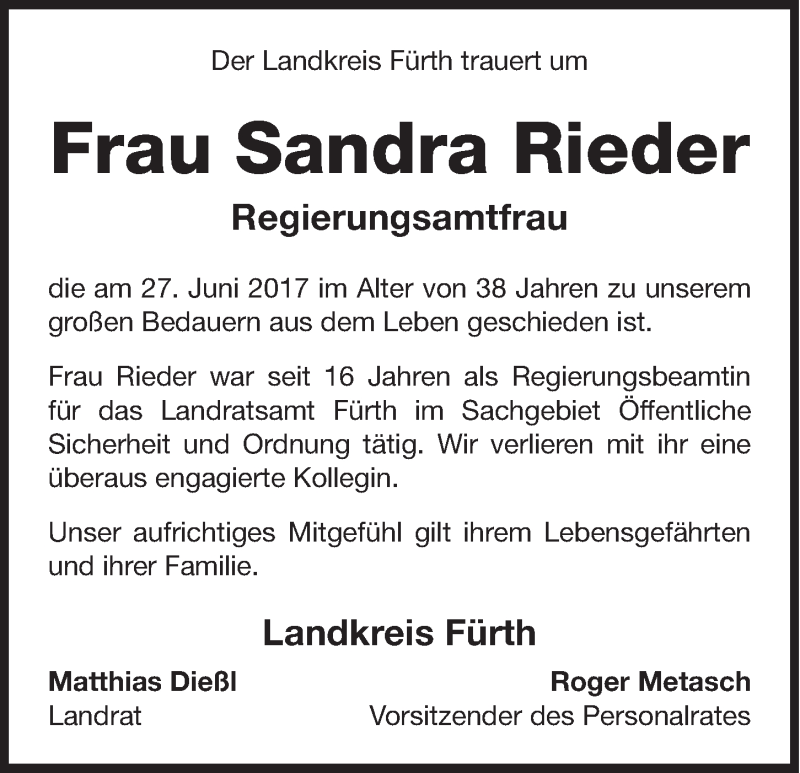  Traueranzeige für Sandra Rieder vom 12.07.2017 aus Fürther Nachrichten Lokal