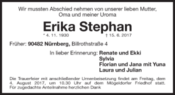 Traueranzeige von Erika Stephan von Gesamtausgabe Nürnberger Nachrichten/ Nürnberger Ztg.