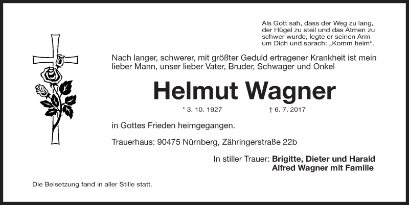  Traueranzeige für Helmut Wagner vom 15.07.2017 aus Gesamtausgabe Nürnberger Nachrichten/ Nürnberger Ztg.