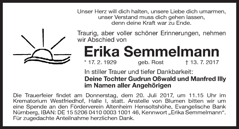  Traueranzeige für Erika Semmelmann vom 17.07.2017 aus Gesamtausgabe Nürnberger Nachrichten/ Nürnberger Ztg.
