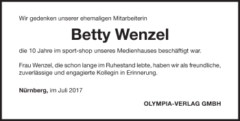 Traueranzeige von Betty Wenzel von Gesamtausgabe Nürnberger Nachrichten/ Nürnberger Ztg.