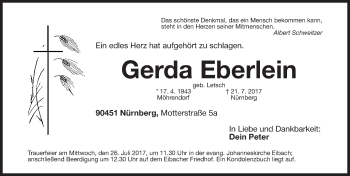 Traueranzeige von Gerda Eberlein von Gesamtausgabe Nürnberger Nachrichten/ Nürnberger Ztg.
