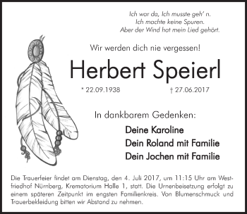 Traueranzeige von Herbert Speierl von Gesamtausgabe Nürnberger Nachrichten/ Nürnberger Ztg.