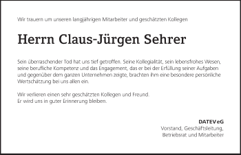 Traueranzeige von Claus-Jürgen Sehrer von Gesamtausgabe Nürnberger Nachrichten/ Nürnberger Ztg.