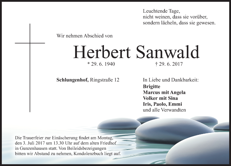  Traueranzeige für Herbert Sanwald vom 01.07.2017 aus Altmühl-Bote Lokal