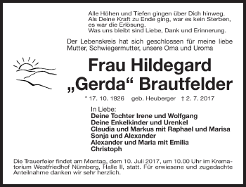 Traueranzeige von Hildegard Brautfelder von Gesamtausgabe Nürnberger Nachrichten/ Nürnberger Ztg.