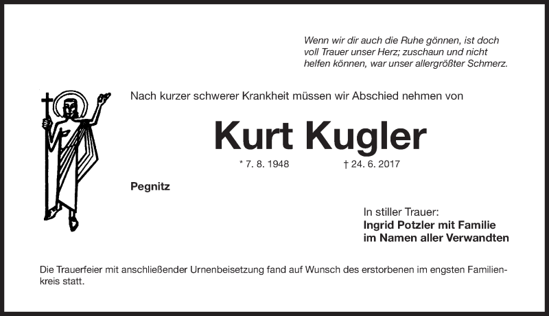  Traueranzeige für Kurt Kugler vom 07.07.2017 aus Nordbayerische Nachrichten Pegnitz Lokal