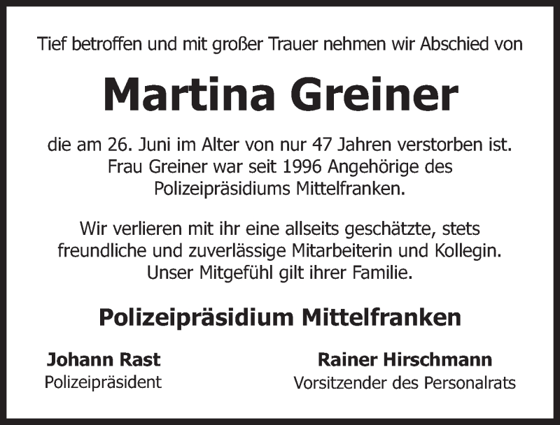  Traueranzeige für Martina Greiner vom 04.07.2017 aus Gesamtausgabe Nürnberger Nachrichten/ Nürnberger Ztg.