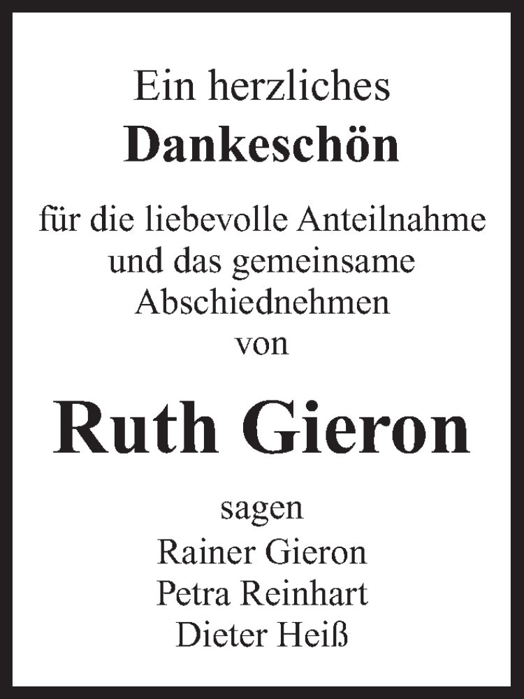  Traueranzeige für Ruth Gieron vom 08.07.2017 aus Gesamtausgabe Nürnberger Nachrichten/ Nürnberger Ztg.