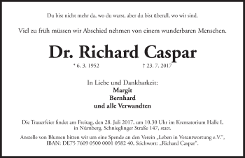 Traueranzeige von Richard Caspar von Gesamtausgabe Nürnberger Nachrichten/ Nürnberger Ztg.