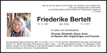 Traueranzeige von Friederike Bertelt von Gesamtausgabe Nürnberger Nachrichten/ Nürnberger Ztg.