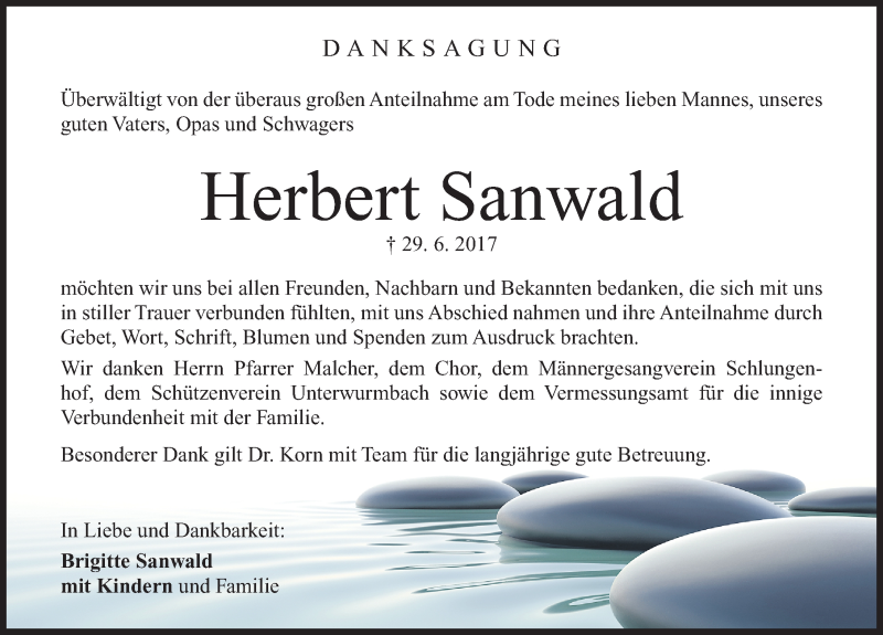  Traueranzeige für Herbert Sanwald vom 08.07.2017 aus Altmühl-Bote Lokal