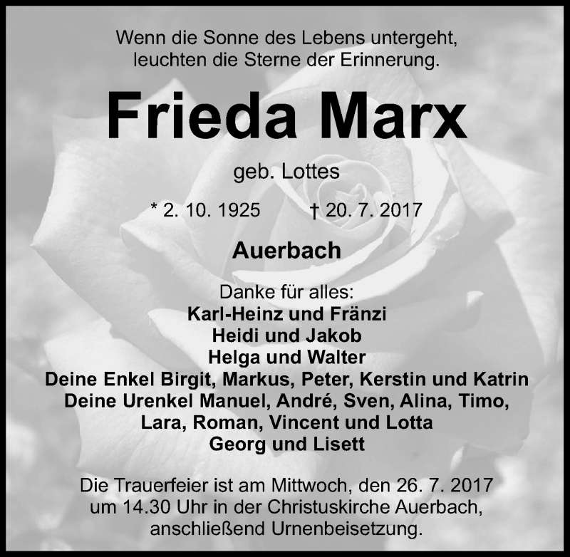  Traueranzeige für Frieda Marx vom 22.07.2017 aus Nordbayerische Nachrichten Pegnitz Lokal