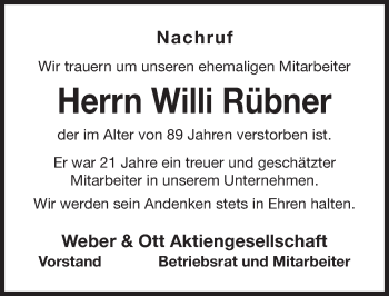 Traueranzeige von Willi Rübner von Nordbayerische Nachrichten Forchheim Lokal