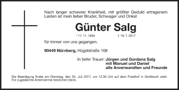 Traueranzeige von Günter Salg von Gesamtausgabe Nürnberger Nachrichten/ Nürnberger Ztg.
