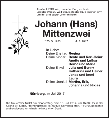Traueranzeige von Johann Mittenzwei von Gesamtausgabe Nürnberger Nachrichten/ Nürnberger Ztg.