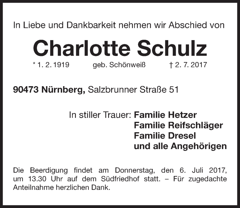  Traueranzeige für Charlotte Schulz vom 04.07.2017 aus Gesamtausgabe Nürnberger Nachrichten/ Nürnberger Ztg.
