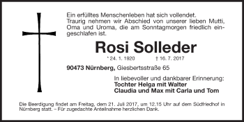 Traueranzeige von Rosi Solleder von Gesamtausgabe Nürnberger Nachrichten/ Nürnberger Ztg.