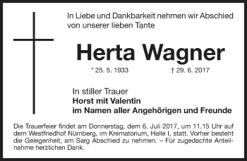 Traueranzeige von Herta Wagner von Gesamtausgabe Nürnberger Nachrichten/ Nürnberger Ztg.