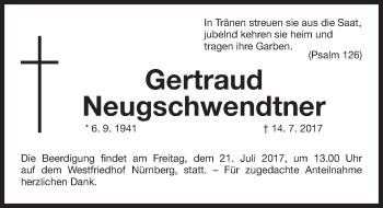 Traueranzeige von Gertraud Neugschwendtner von Gesamtausgabe Nürnberger Nachrichten/ Nürnberger Ztg.