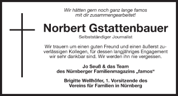 Traueranzeige von Norbert Gstattenbauer von Gesamtausgabe Nürnberger Nachrichten/ Nürnberger Ztg.