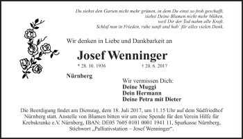 Traueranzeige von Josef Wenninger von Gesamtausgabe Nürnberger Nachrichten/ Nürnberger Ztg.
