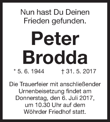 Traueranzeige von Peter Brodda von Gesamtausgabe Nürnberger Nachrichten/ Nürnberger Ztg.