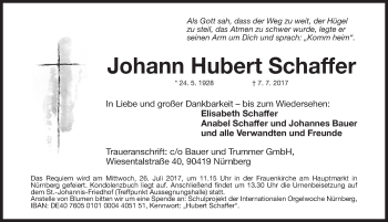 Traueranzeige von Johann Hubert Schaffer von Gesamtausgabe Nürnberger Nachrichten/ Nürnberger Ztg.