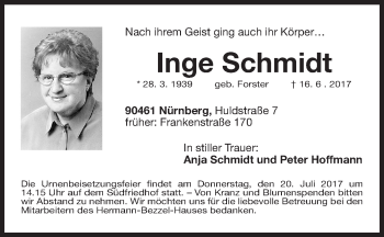 Traueranzeige von Inge Schmidt von Gesamtausgabe Nürnberger Nachrichten/ Nürnberger Ztg.