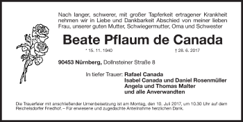 Traueranzeige von Beate  Pflaum de Canada von Gesamtausgabe Nürnberger Nachrichten/ Nürnberger Ztg.