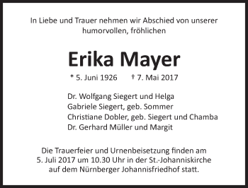 Traueranzeige von Erika Mayer von Gesamtausgabe Nürnberger Nachrichten/ Nürnberger Ztg.