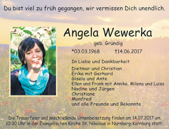 Traueranzeige von Angela Wewerka von Gesamtausgabe Nürnberger Nachrichten/ Nürnberger Ztg.