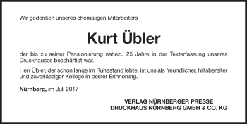 Traueranzeige von Kurt Übler von Gesamtausgabe Nürnberger Nachrichten/ Nürnberger Ztg.