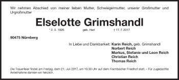 Traueranzeige von Elselotte Grimshandl von Gesamtausgabe Nürnberger Nachrichten/ Nürnberger Ztg.