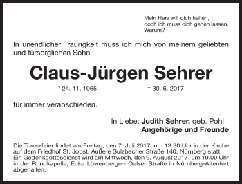 Traueranzeige von Claus-Jürgen Sehrer von Gesamtausgabe Nürnberger Nachrichten/ Nürnberger Ztg.