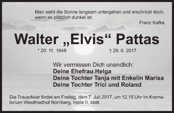 Traueranzeige von Walter Pattas von Gesamtausgabe Nürnberger Nachrichten/ Nürnberger Ztg.