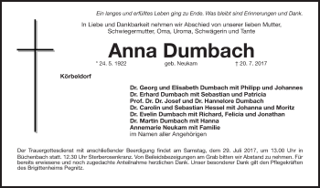 Traueranzeige von Anna Dumbach von Nordbayerische Nachrichten Pegnitz Lokal