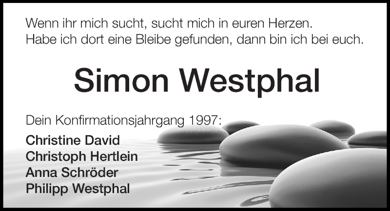  Traueranzeige für Simon Westphal vom 19.07.2017 aus Altmühl-Bote Lokal