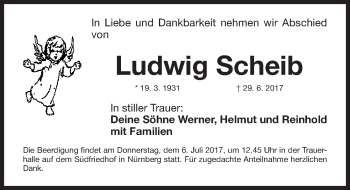 Traueranzeige von Ludwig Scheib von Gesamtausgabe Nürnberger Nachrichten/ Nürnberger Ztg.