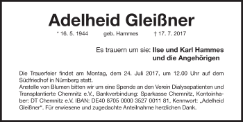 Traueranzeige von Adelheid Gleißner von Gesamtausgabe Nürnberger Nachrichten/ Nürnberger Ztg.