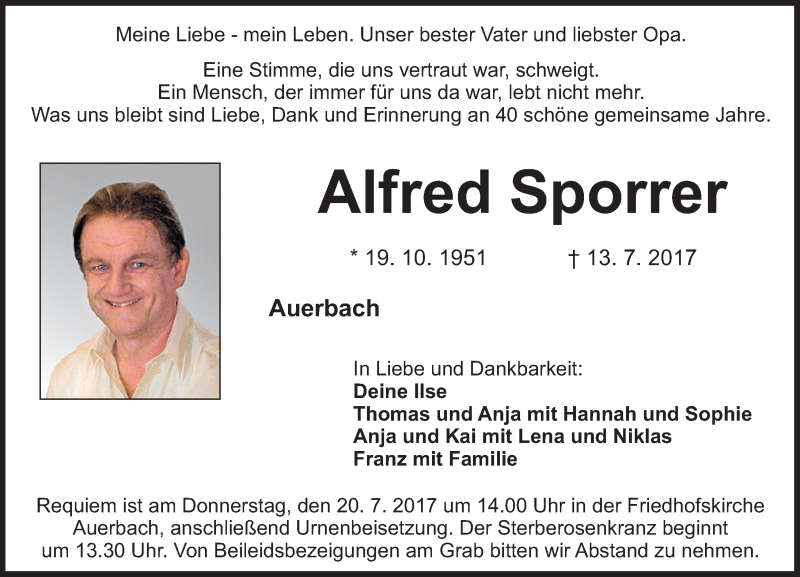  Traueranzeige für Alfred Sporrer vom 15.07.2017 aus Nordbayerische Nachrichten Pegnitz Lokal