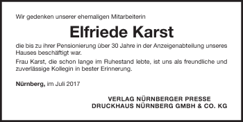 Traueranzeige von Elfriede Karst von Gesamtausgabe Nürnberger Nachrichten/ Nürnberger Ztg.
