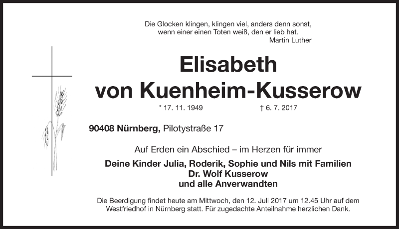  Traueranzeige für Elisabeth von Kuenheim-Kusserow vom 12.07.2017 aus Nordbayerische Nachrichten Forchheim Lokal