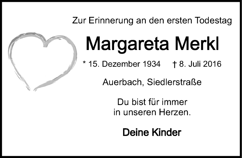  Traueranzeige für Margareta Merkl vom 08.07.2017 aus Nordbayerische Nachrichten Pegnitz Lokal
