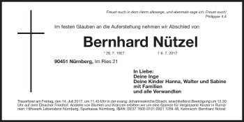 Traueranzeige von Bernhard Nützel von Gesamtausgabe Nürnberger Nachrichten/ Nürnberger Ztg.